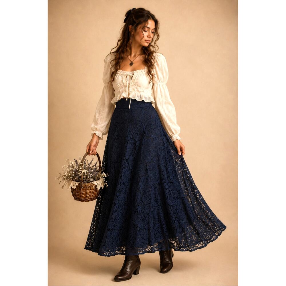 Blue Lace Maxi Skirt Dark Academia Gothic Fairycore Medium 32" Waist Cottagecore